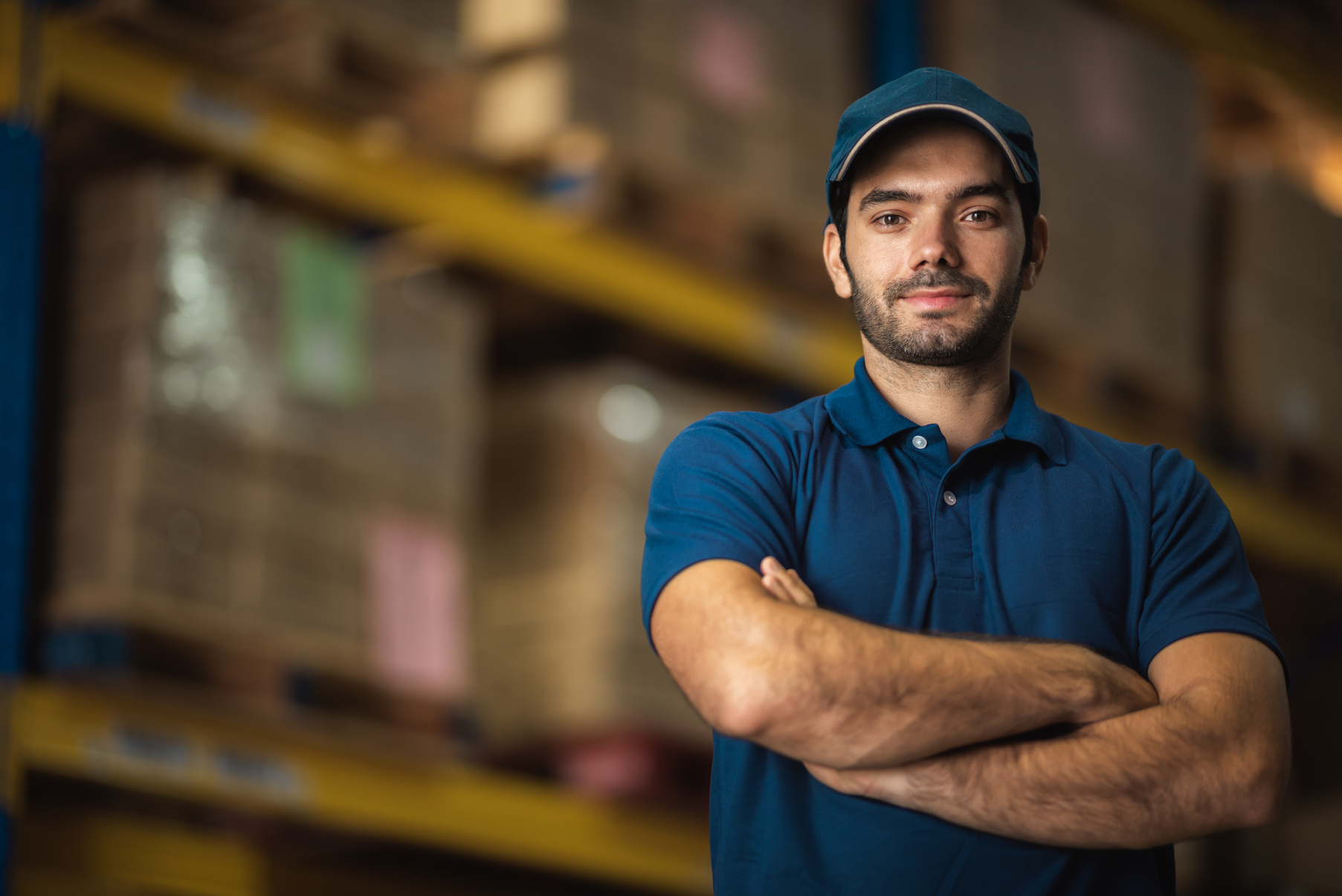 Portraits of Male Warehouse Personnel Staff Wearing Blue Uniform